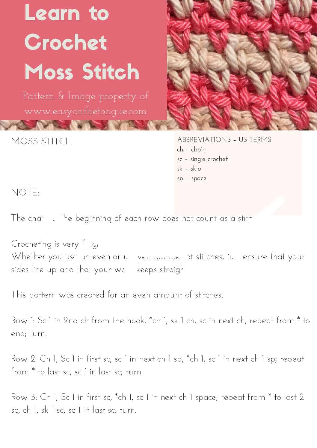 Learn to Crochet Moss Stitch A4 1 pdf Quick and Easy Crochet Stitches – How to Moss Stitch