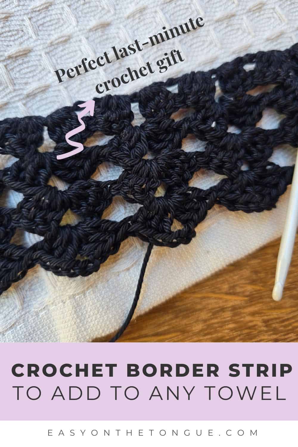 Close-up of a black crocheted lace border attached to a cream dish towel, demonstrating the scalloped stitch pattern for an easy crochet gift.