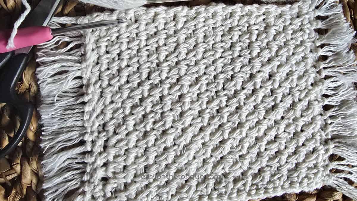 Easy Moss Stitch Crochet Coaster (Free Pattern + Fringe Finish)